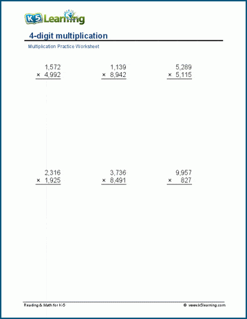 Multiply 4 x 4 digits worksheet