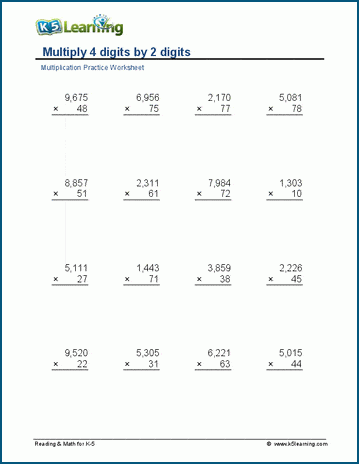 Multiply 4 x 2 digits worksheet