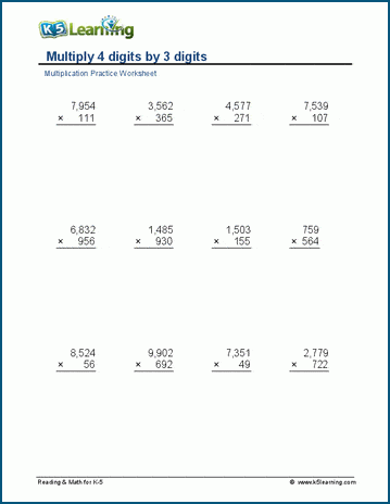Multiply 4 x 3 digits worksheet