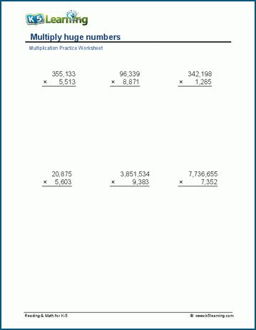 Multiply 5 or more digits worksheet