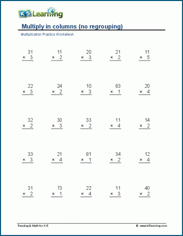 Multiply in columns (no regrouping) worksheet