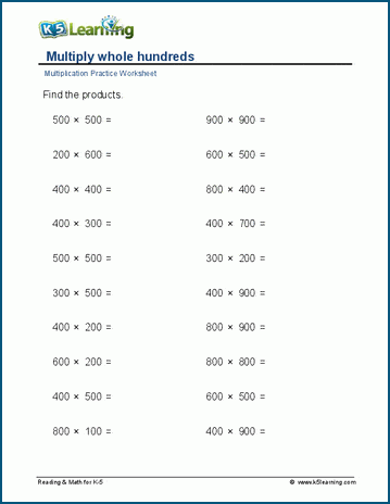 Multiply whole hundreds worksheet