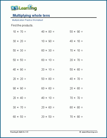 Multiply whole tens  worksheet