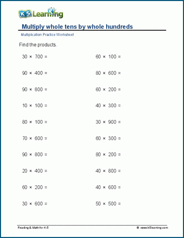 Multiply whole tens by whole hundreds and thousands worksheet
