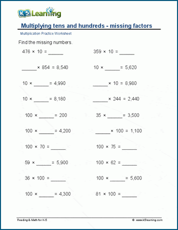 Multiplying by whole tens and hundreds- missing factor worksheet