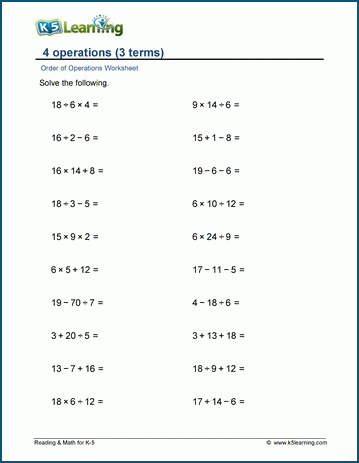 4 Operations (3 terms) worksheets | K5 Learning