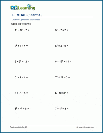 PEMDAS - 3 terms worksheet