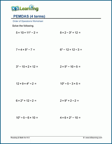 PEMDAS - 4 terms worksheet