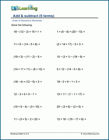 Add & subtract (5 or more terms) worksheet