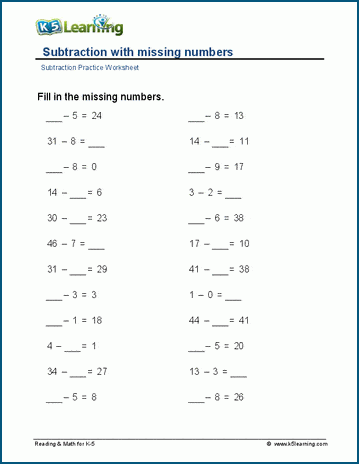 Missing minuends and subtrahends worksheet