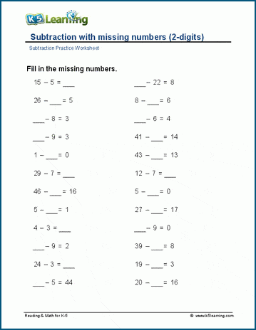 Subtraction with missing numbers (2-digits) worksheet