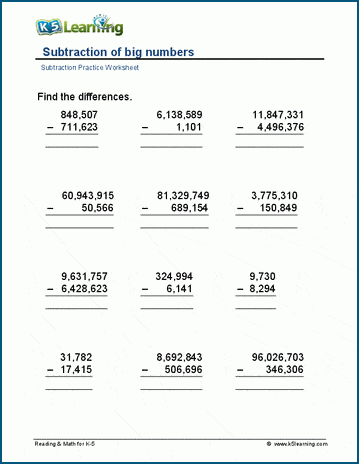 Subtract up to 8-digits worksheet