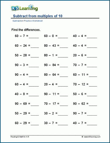 Subtracting from multiples of 10 worksheet