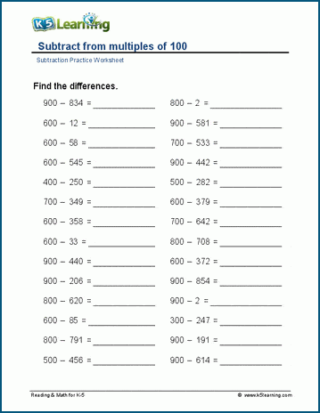 Subtracting from multiples of 100 worksheet