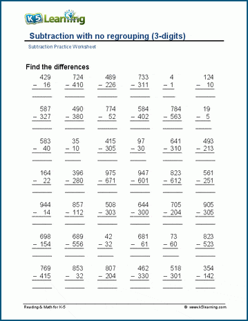 3-digit minus 3-digit (no regrouping) worksheet