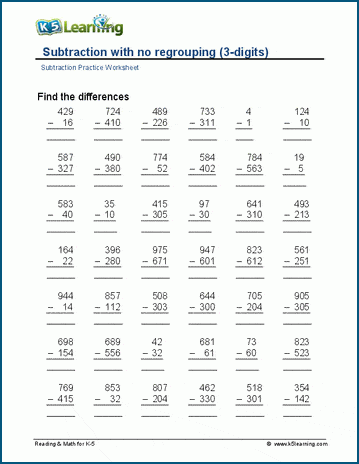 3-digit minus 3-digit (no regrouping) worksheets | K5 Learning