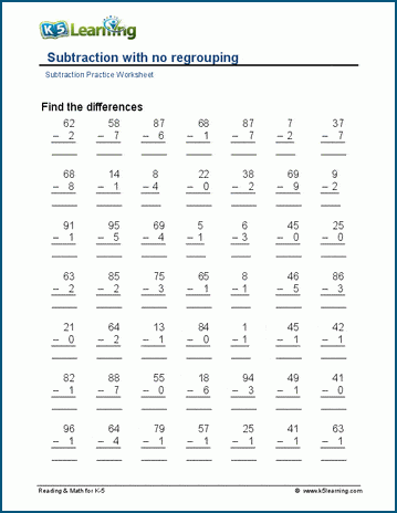 2-3 digit minus 1-dig (no regrouping) worksheet