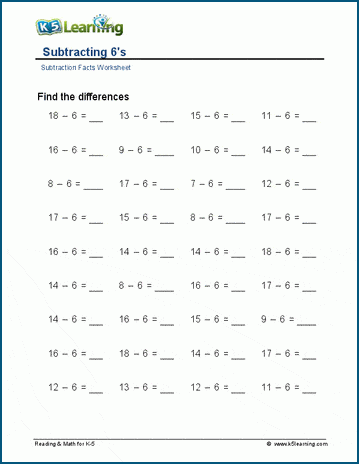 Subtracting 6's and 7's worksheet