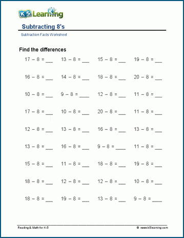 Subtracting 8's and 9's worksheet