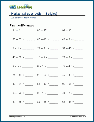 Horizontal subtraction worksheet