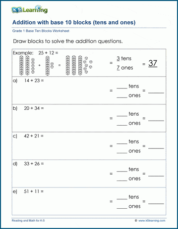 Grade 1 place value worksheets - addition with base ten blocks