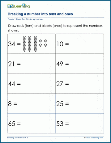 Decomposing numbers into base 10 blocks worksheets | K5 Learning