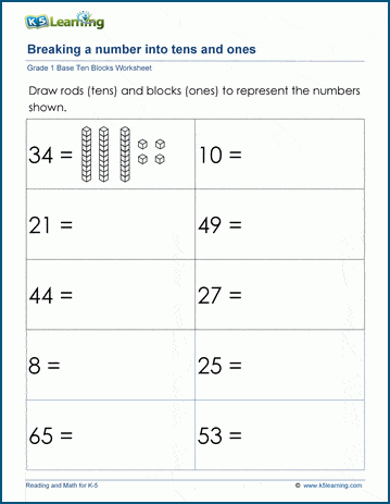 Grade 1 place value worksheets - drawing tens and ones