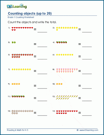 Grade 1 Counting Worksheet on counting objects up to 20