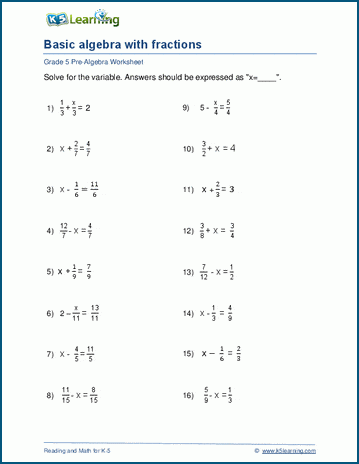 Basic algebra with fractions and decimals worksheets | K5 Learning