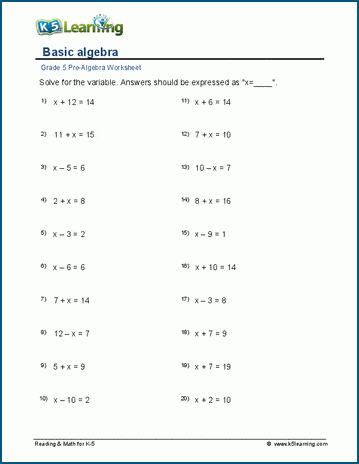 Solve algebraic equations worksheets