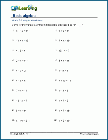 Solving algebraic equations worksheets | K5 Learning
