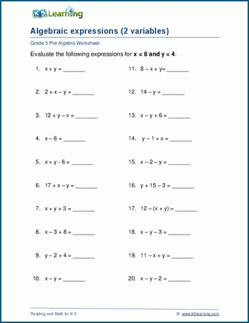 Expressions with two variables worksheets