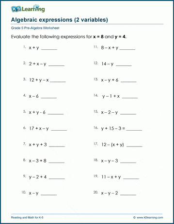 Expressions with 2 variables worksheets | K5 Learning