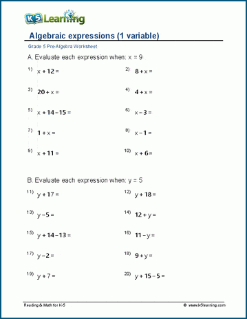 Algebraic expressions with 1 variable worksheet