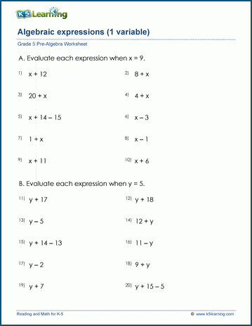 Expressions with 1 variable worksheets | K5 Learning