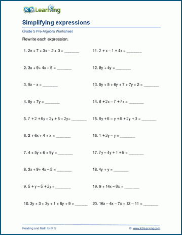 Grade 7 math worksheets algebra simplification