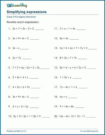 Simplifying expressions worksheets | K5 Learning