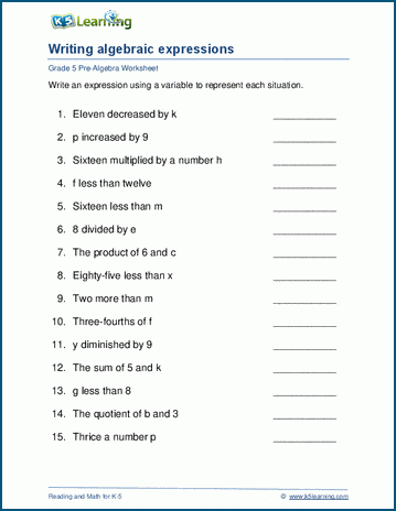 Writing algebraic expressions worksheets | K5 Learning