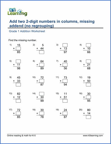 Grade 1 Addition Worksheet on adding two 2-digit numbers in columns, missing addend