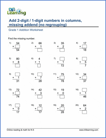 Grade 1 Addition Worksheet on adding a 2-digit number and a 1-digit number in columns, missing addend