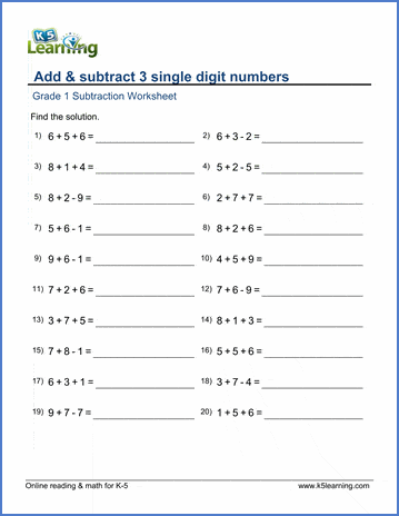 Grade 1 Math Worksheet - Add & subtract 3 single-digit numbers | K5 Learning