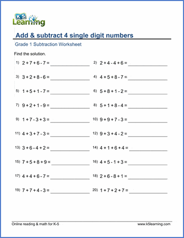 Grade 1 Subtraction Worksheet on adding and subtracting 4 single-digit numbers
