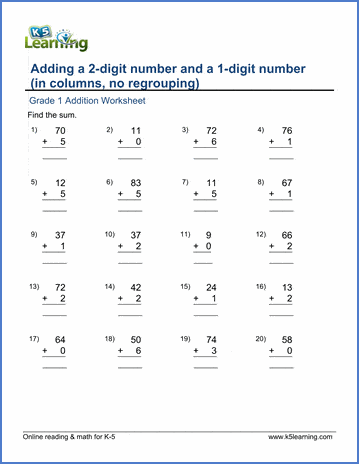 Grade 1 Addition Worksheet on adding 2-digit number and a 1-digit number