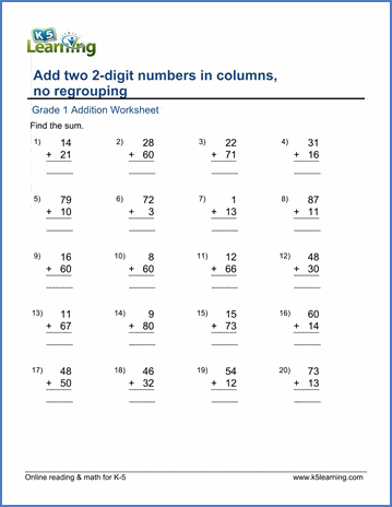 Grade 1 addition worksheets - Adding two 2-digit numbers in columns | K5  Learning