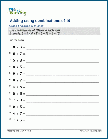 Grade 1 Worksheet on Adding using Combinations of Ten