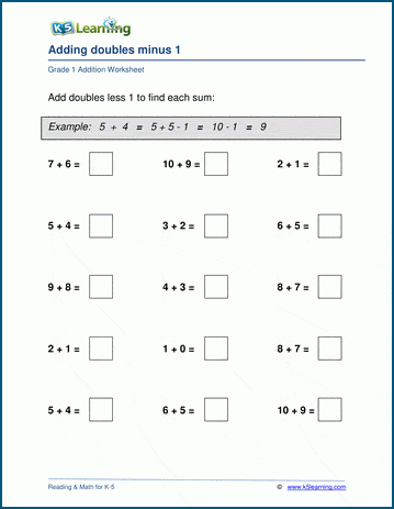 Grade 1 Adding Doubles Minus 1 Worksheets