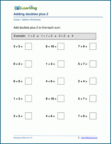 Grade 1 Adding Doubles Plus 2 Worksheets