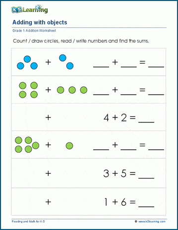 1st grade math worksheet addition with pictures or objects k5 learning