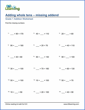 Grade 1 Addition Worksheet on adding whole tens with missing addend