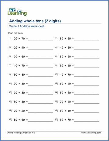 Grade 1 Addition Worksheet on adding 2 singledigit numbers with sum less than 10